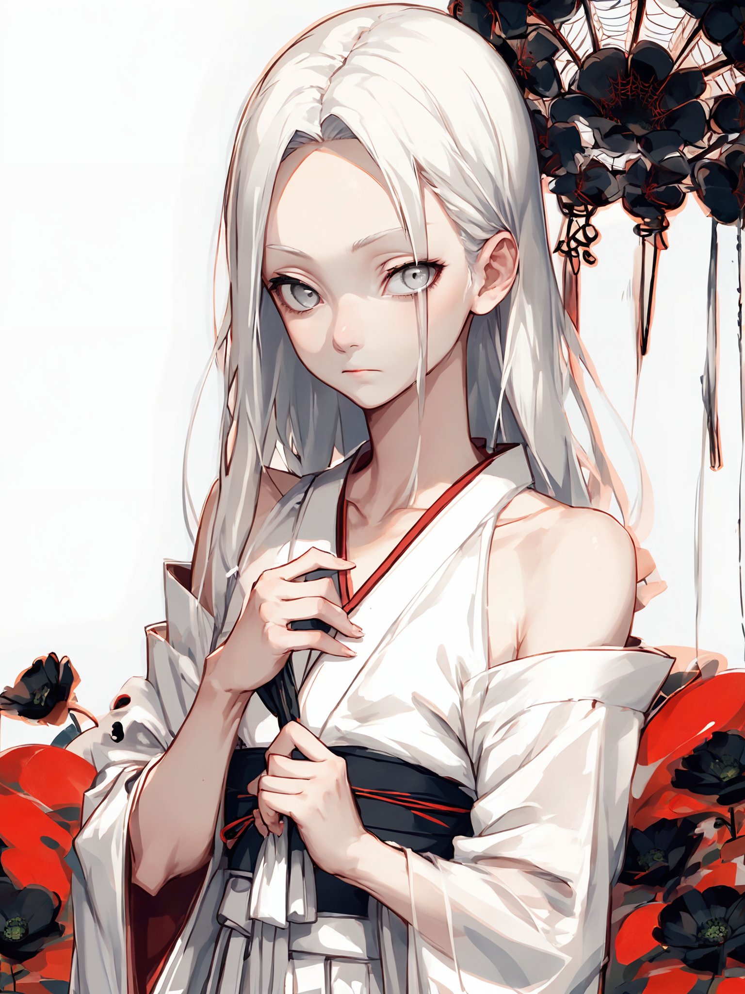 score_9, score_8_up, score_7_up, score_6_up, score_5_up, score_4_up,  <lora:Asekka pony:1>，1girl, holding Garlic flower, solo, white theme, holding, white hair, skull, looking at viewer, grey eyes, long hair, white eyes, bangs, closed mouth, blunt bangs, japanese clothes, long sleeves, white kimono, kimono, grey background, wide sleeves, straight hair, upper body, white hakama, covered collarbone, pale skin, red circle, jinbai, spider web, flat chest, hakama, off shoulder, ribbon, expressionless, hair over shoulder, white background, red ribbon, parted bangs, straight-on, albino, bare shoulders, silk, hand up, dutch angle, sidelocks, camellia, flower, holding flower, see-through, ribbon-trimmed sleeves, half-closed eyes, miko, bug, black flower, no mouth, multicolored eyes, spider, hand on own chest, forehead, ribbon trim, hair over one eye, 