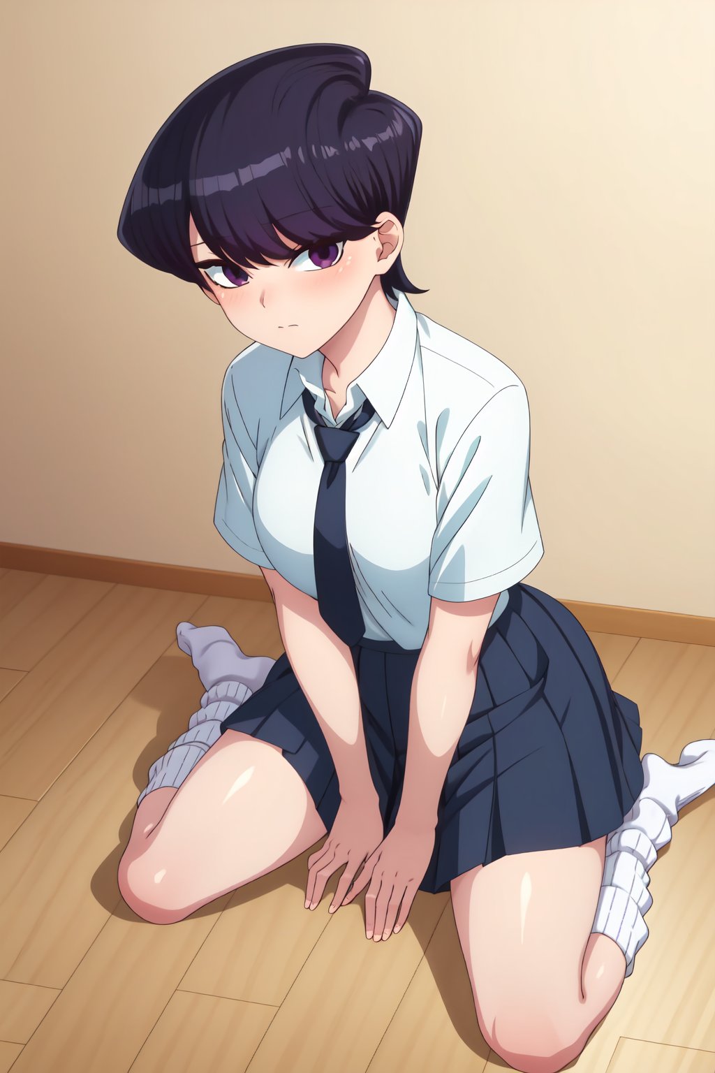 Shuuko Komi, Shouko Komi, (8k, high definition), 1girl, solo, looking at viewer, blush, short hair, skirt, simple background, shirt, black hair, white background, sitting, closed mouth, school uniform, purple eyes, white shirt, short sleeves, pleated skirt, necktie, socks, collared shirt, black skirt, black eyes, blue skirt, white socks, black necktie, hand between legs, invisible chair, loose socks<lora:EMS-462567-EMS:0.800000>