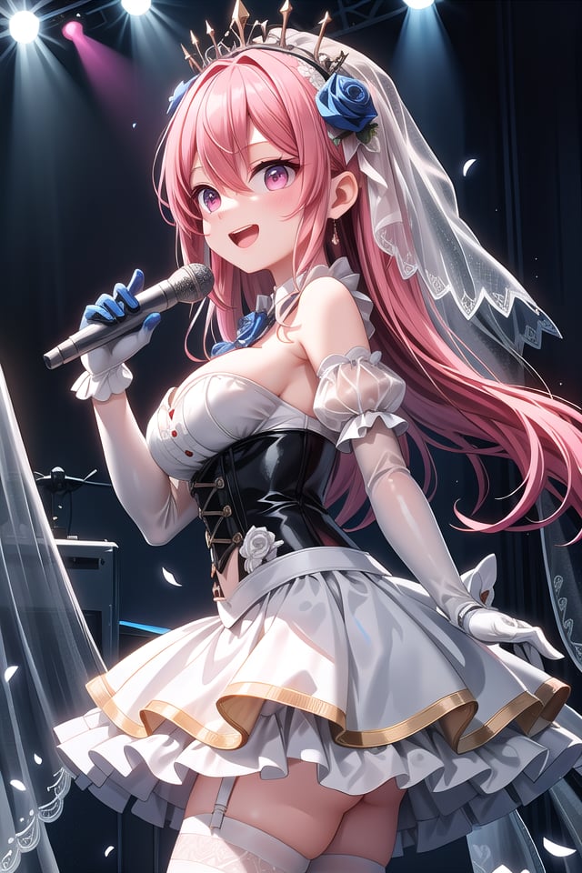 insanely detailed, absurdres, ultra-highres, ultra-detailed, best quality,1girl, solo, nice hands, perfect handsBREAK(nsfw:-1.5),(fusion of white mourning-dress and white wedding dress:1.2), (gothic dress:1.3), (light-blue and white theme:1.3), ((white mourning-veil, white see-through wedding-veil):1.5), ((white latex corset, light-blue breast-cup):1.4), (short puff-sleeve:1.3), ((white collar, tie-bow):1.3), ((ruffle-skirt, multilayer-skirt):1.4), ((stockings, garter belt):1.3), (see-through long gloves:1.3), (blue rose decoration on head:1.3), (high heels:1.1)BREAKhappy smile, laugh, open mouth, (standing, singing, dancing, holding microphone:1.4)BREAKfrom side,cute pose, cowboy shotBREAKslender, kawaii, perfect symmetrical face, ultra cute girl, ultra cute face, ultra detailed eyes, ultra detailed hair, ultra cute, ultra beautifulBREAKindoors, concert hall, idol live, crowded audienceBREAKmedium large breastsBREAKpink hair, pink eyes, chignon, hair between eyes