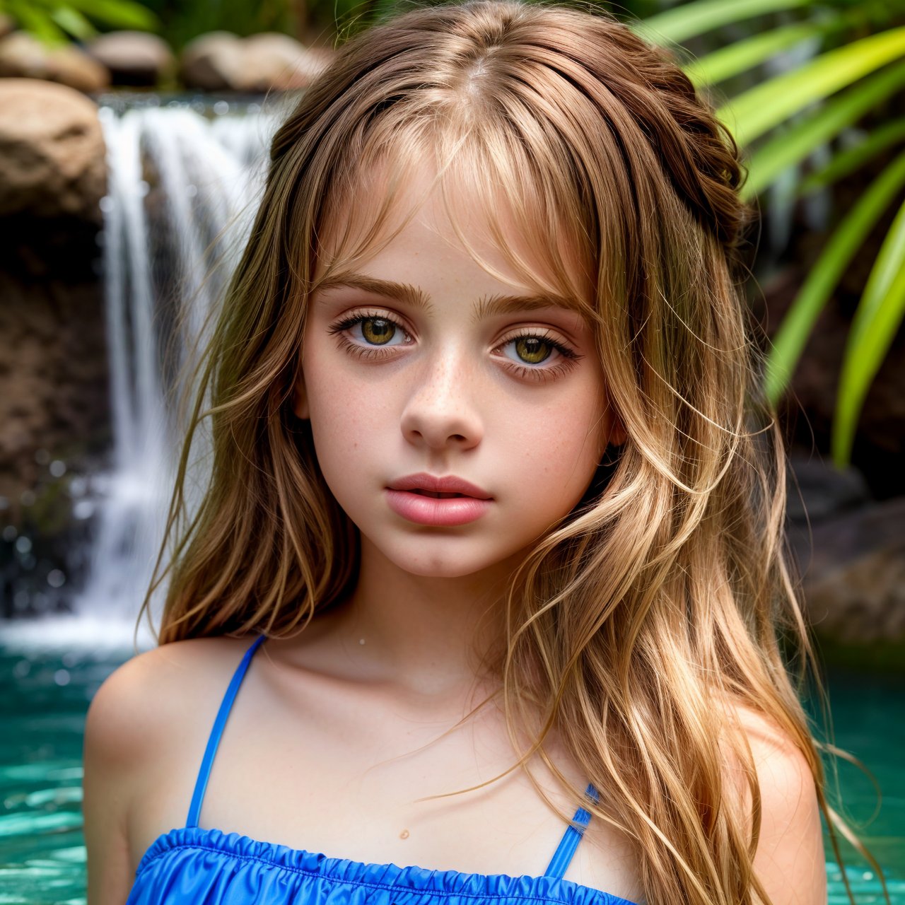 (masterpiece:1.3), best quality, view from below, portrait of adorable (AIDA_LoRA_InW2017:1.14) <lora:AIDA_LoRA_InW2017:0.84> in a blue one peace bathsuit in a garden in front of a waterfall, water, wet, little girl, pretty face, naughty, funny, happy, playful, cinematic, hyper realistic, studio photo, studio photo, kkw-ph1, hdr, f1.8, (colorful:1.1)