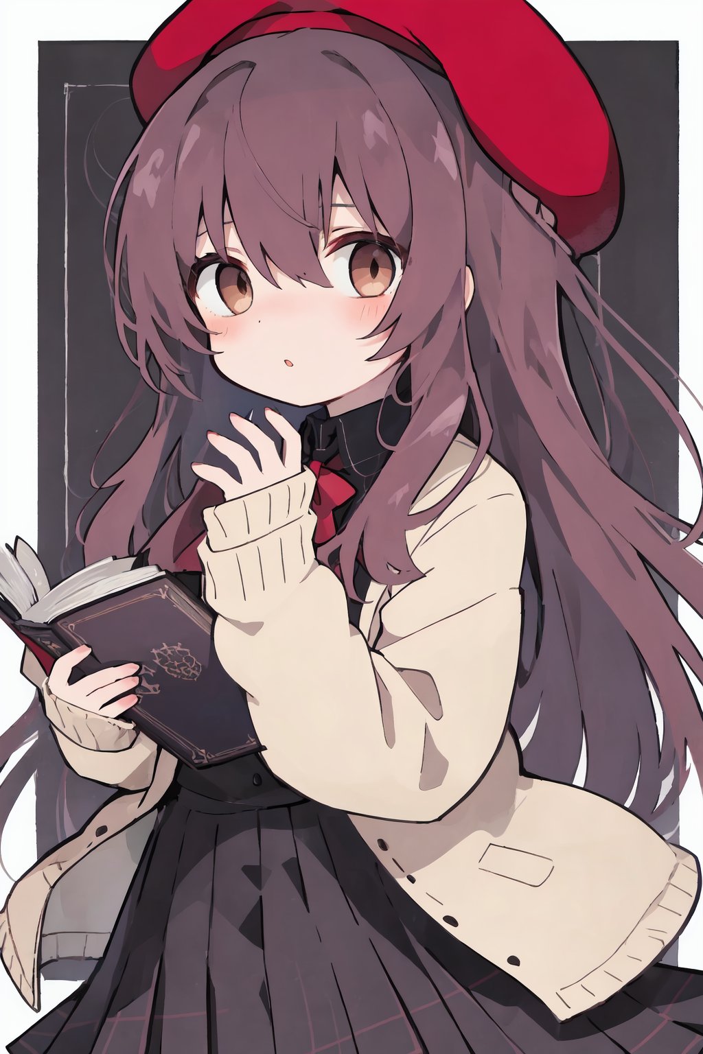 1girl, solo, long hair, red headwear, holding, book, hat, skirt, looking at viewer, brown hair, holding book, long sleeves, hair between eyes, bangs, very long hair, open clothes, beret, brown eyes, pleated skirt, jacket, shirt, parted lips, purple hair, sleeves past wrists, open jacket, blush, chibi, so-style