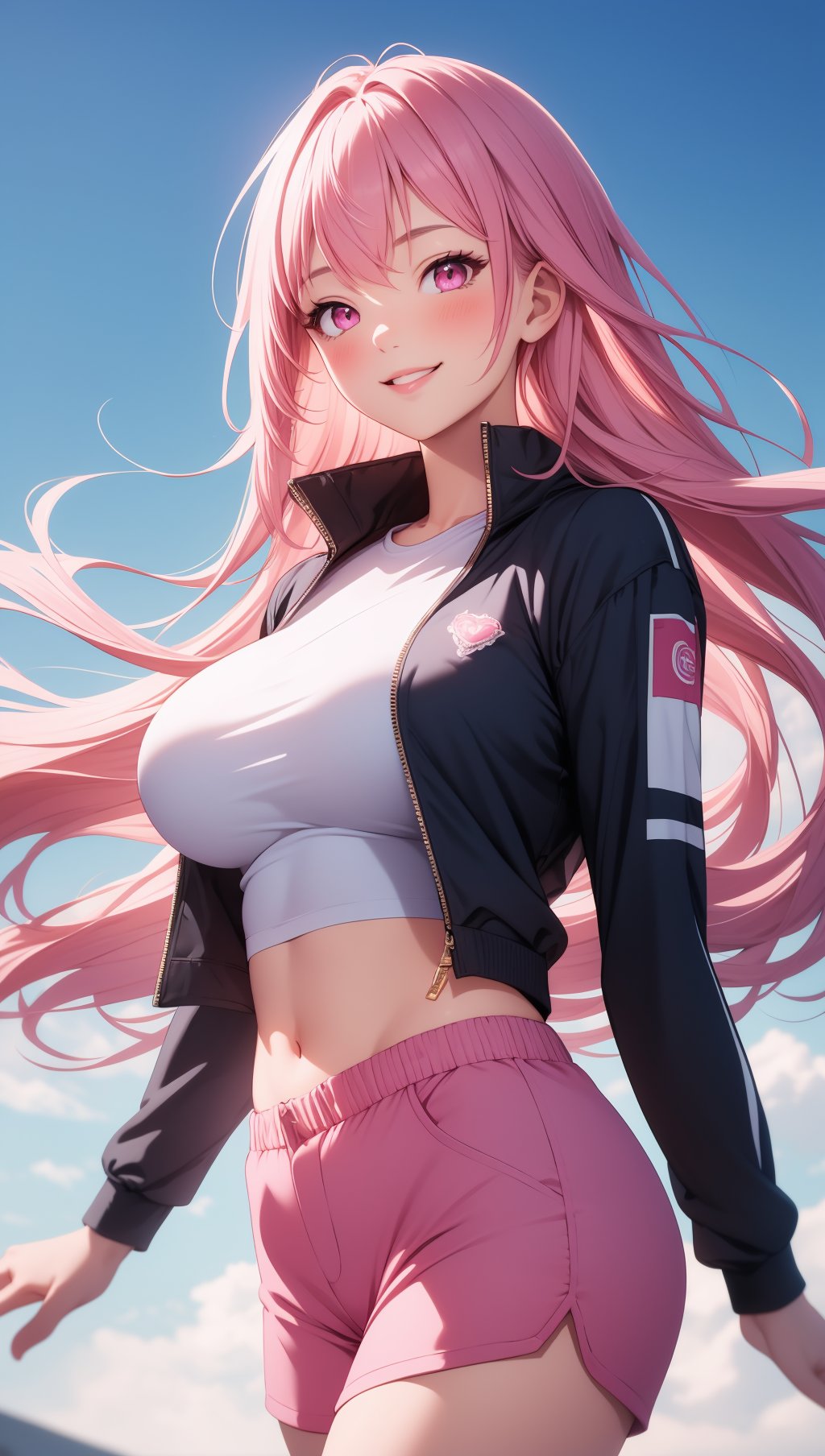 (masterpiece, best quality), intricate details, 1girl, solo, long hair, pink eyes, looking at viewer, large breasts, smile, cropped jacket, pink hair, parted lips, floating hair, pants, cowboy shot, blush, shorts, long sleeves