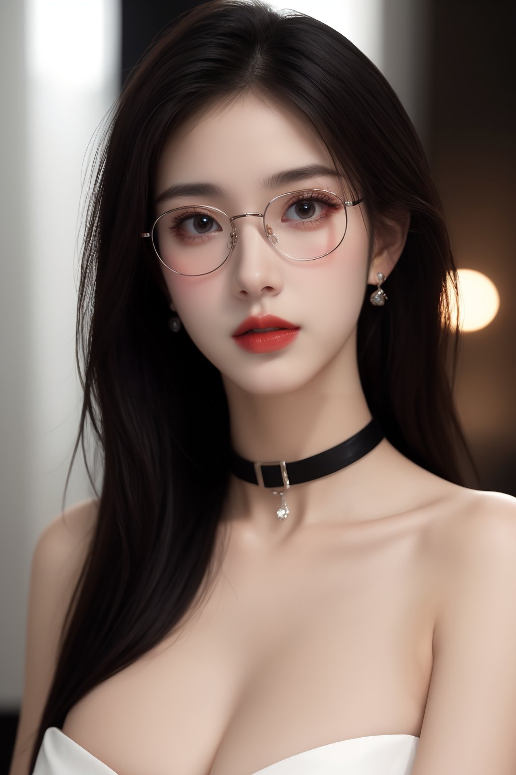 1girl, black choker, black hair, blurry, blurry background, blurry foreground, breasts, choker, cleavage, collarbone, depth of field, earrings, glasses, jewelry, large breasts, lips, long hair, looking at viewer, red lips, solo focus <lora:御姐:1>