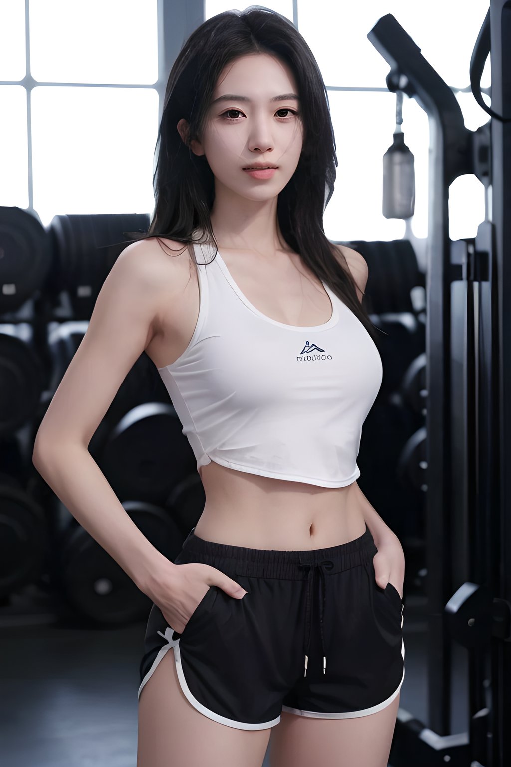 <lora:0830_02:0.7>,open_fly,gym_shorts,, 1girl,realistic,masterpiece, best quality, photorealistic, HDR,detail