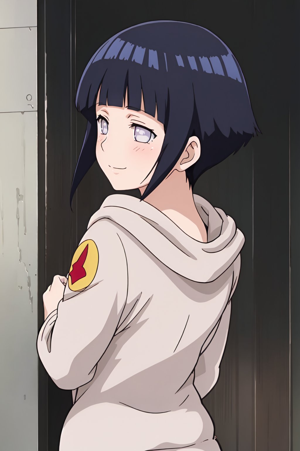 hinata, 4k, absurd, high resolution, very high resolution, high definition, masterpiece, anime_source, short hair, black hair, no pupils, blunt bangs, shiny hair, white eyes, hoodie, hood down, long sleeves, pants capri,hands behind back, blush, smile, upper body, arms in V, embarrassed, blushing, from behind<lora:EMS-383008-EMS:0.800000>