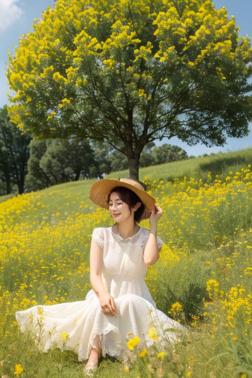 youcaihua,1girl,hat,straw hat,dress,flower,outdoors,solo,sky,field,white dress,smile,day,brown hair,cloud,short hair,tree,black hair,flower field,grass,closed eyes,blue sky,<lora:zhenshixiezhenV1:0.7>,