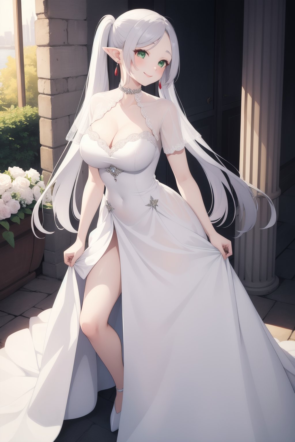 (masterpiece, best quality),1girl,frieren,long hair,twintails,pointy ears,earrings,jewelry,(parted bangs),green eyes,smile,closed mouth,huge breasts,see-through,wedding_dress,white choker,<lora:lbc_Frieren24324_v1.0:0.9>,