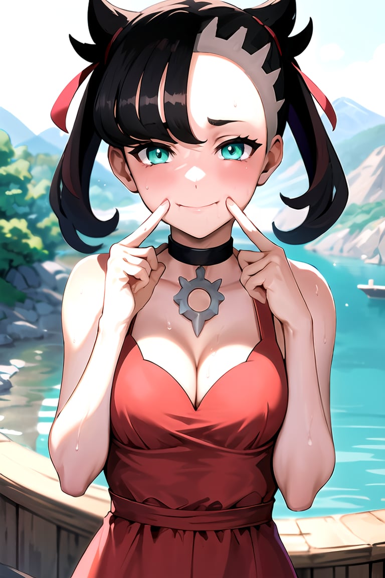 masterpiece, best quality, highres, 1girl, marnie pokemon, asymmetrical hair, 1girl, looking at viewer, sweat, cleavage, solo,  medium breasts, pink dress, black choker, upper body, <lora:marniePokemon_Goofy_Ai:0.9>, misty lakeside with a backdrop of mountains bathed in soft light, fingersmile, finger to mouth, <lora:fingersmile_v1.6:1>