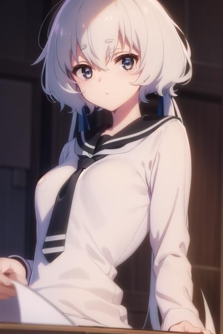 junkokonno, <lora:junko konno s2-lora-nochekaiser:1>,junko konno, low twintails, (black eyes:1.5), twintails, white hair,BREAK sailor dress, serafuku, skirt, school uniform, white necktie, necktie, long sleeves,BREAK looking at viewer, full body,BREAK indoors, classroom,BREAK <lyco:GoodHands-beta2:1>, (masterpiece:1.2), best quality, high resolution, unity 8k wallpaper, (illustration:0.8), (beautiful detailed eyes:1.6), extremely detailed face, perfect lighting, extremely detailed CG, (perfect hands, perfect anatomy),