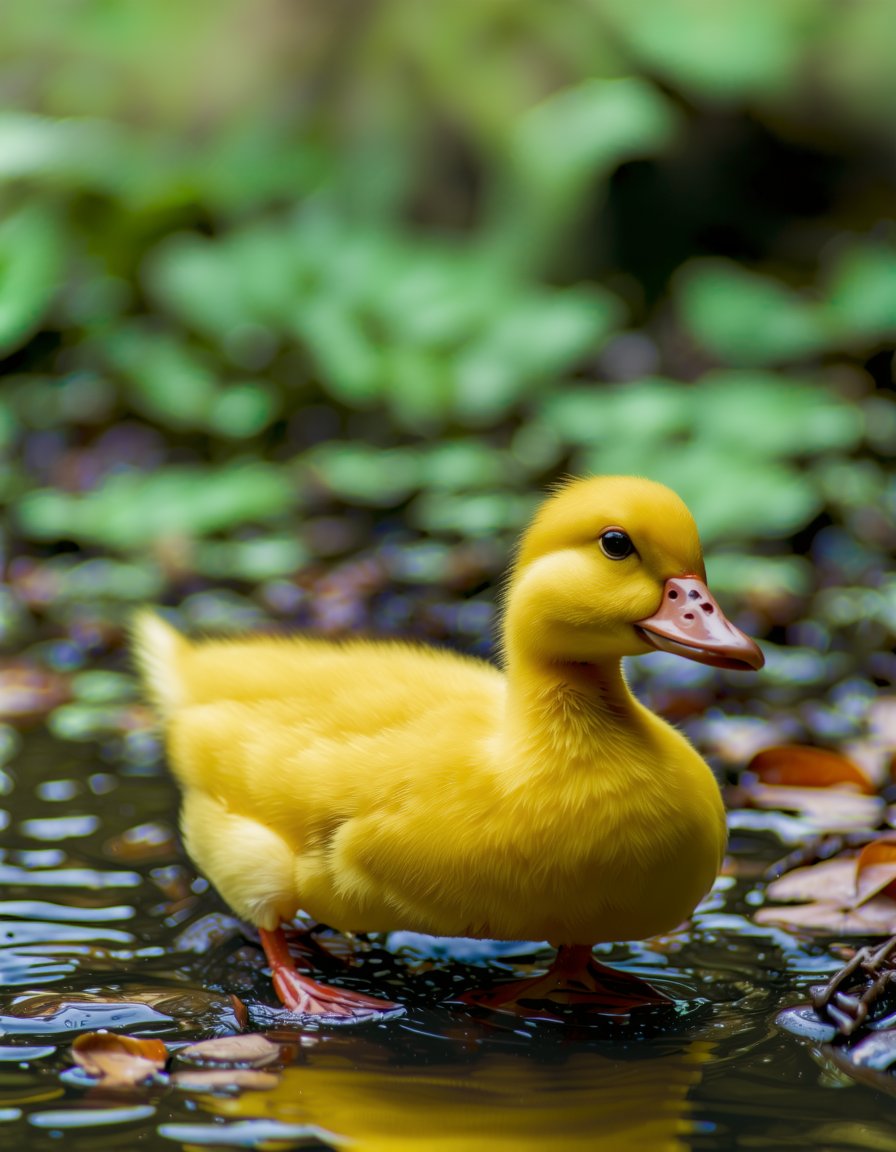 best quality, 4K, 8K, high-resolution, masterpiece, ultra-detailed, photorealistic,  a small yellow duck floating on the water in front of a forested area with leaves on the ground, outdoors, day, water, blurry, tree, no humans, blurry background, depth of field, bird, nature, animal focus, beak, duck,