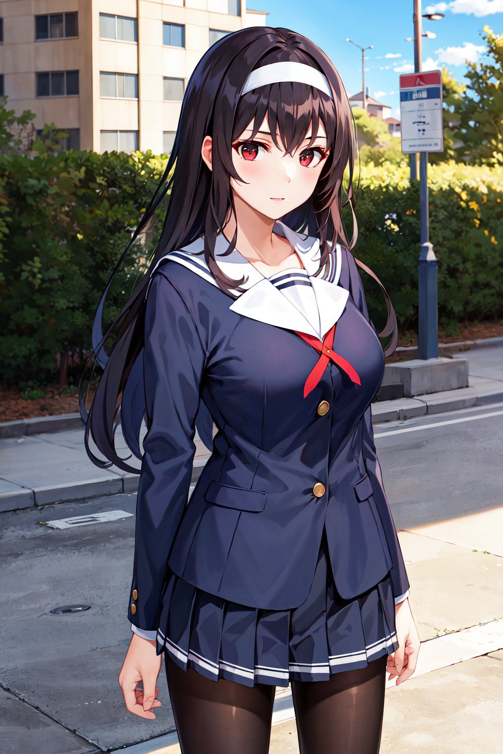 masterpiece, best quality, highres, aautaha, long hair, black hair, hairband, school uniform, sailor collar, blue blazer, long sleeves, pleated skirt, blue skirt, black pantyhose, <lora:kasumigaoka_utaha_v2-1:0.7>, standing, cowboy shot, outdoors