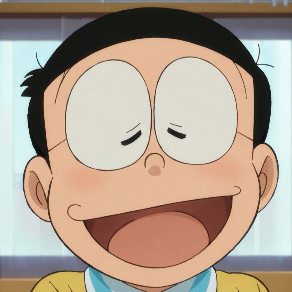 nobi nobita, 1boy,male focus, solo, smile, open mouth, black hair, closed eyes, blush, window, parody, child, :d, ^_^, portrait, masterpiece, best quality,<lora:minamoto shizuka and nobita anim:1>