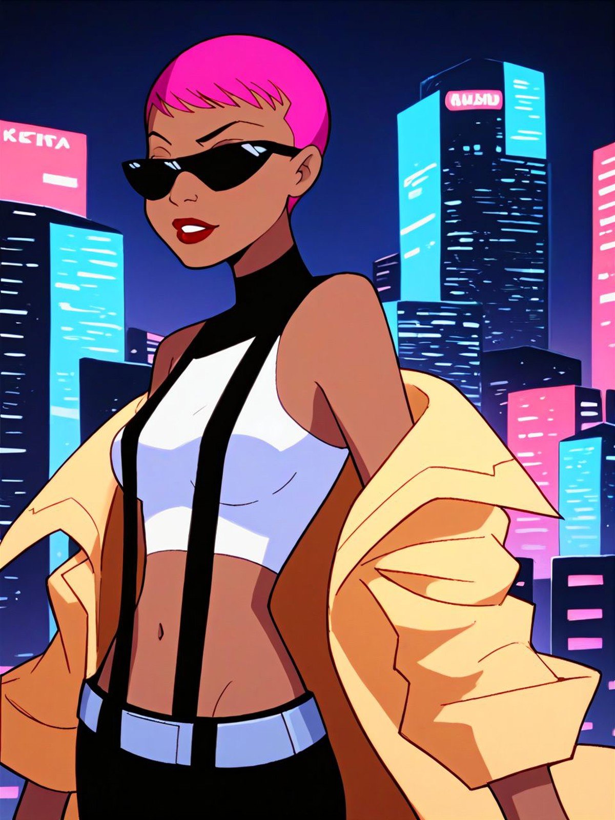 score_9,score_8_up,score_7_up,score_6_up, source_cartoon, BREAK solo, <lora:maxBB:0.9> maxbb, dark-skinned female, short hair, pink hair, black eyes, lipstick, night, futuristic city, [red:black:0.5] sky, shiny yellow trenchcoat, (sleeveless:1.2), black shades, white strapless bra, navel, suspenders, shiny black pants, using computer