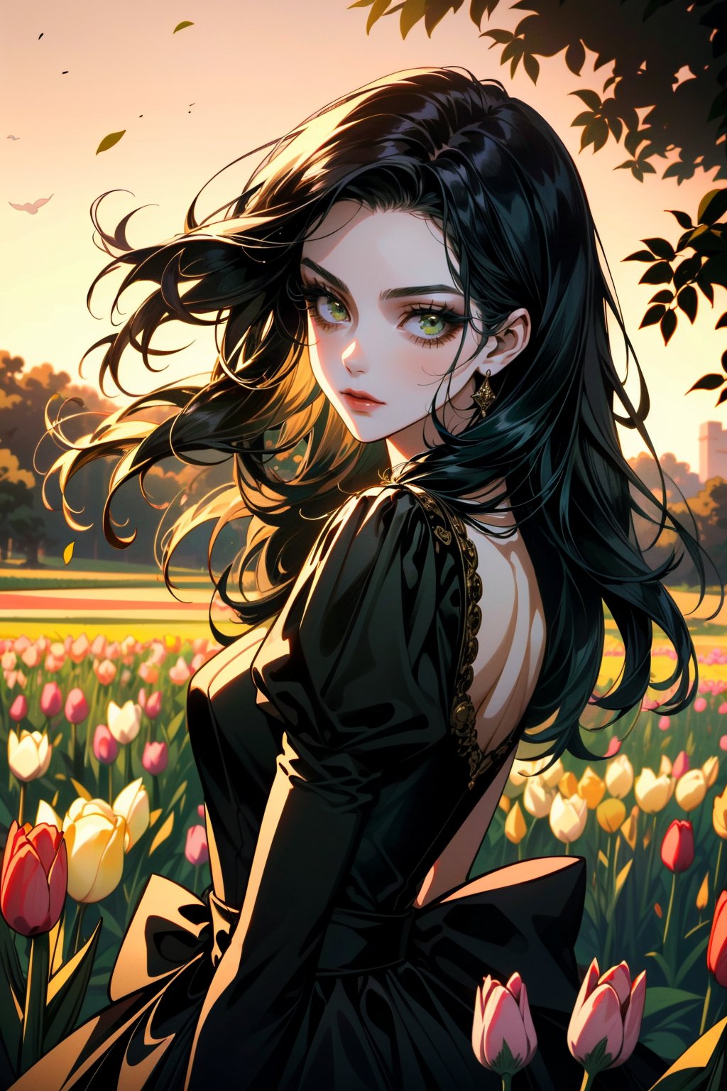 ((ultra detailed, masterpiece, best quality))<lora:AliceMadness:0.8>AliceMadness, 1girl, solo, long hair, black hair, green eyes, In a field of tulips at golden hour, elegant dress, twirling with joy