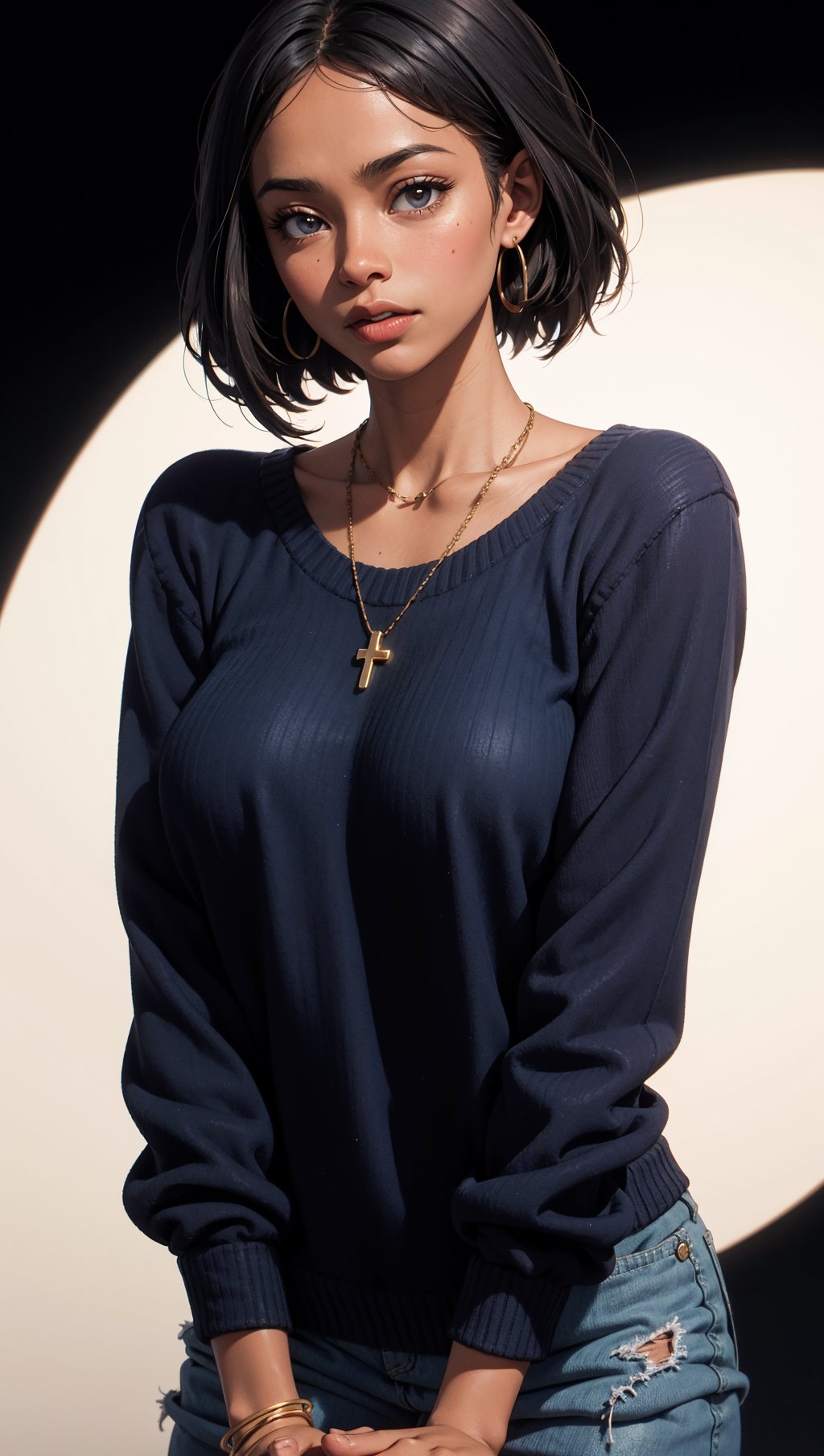 dark skinned african woman,blue sweater,black background,earrings,necklace,