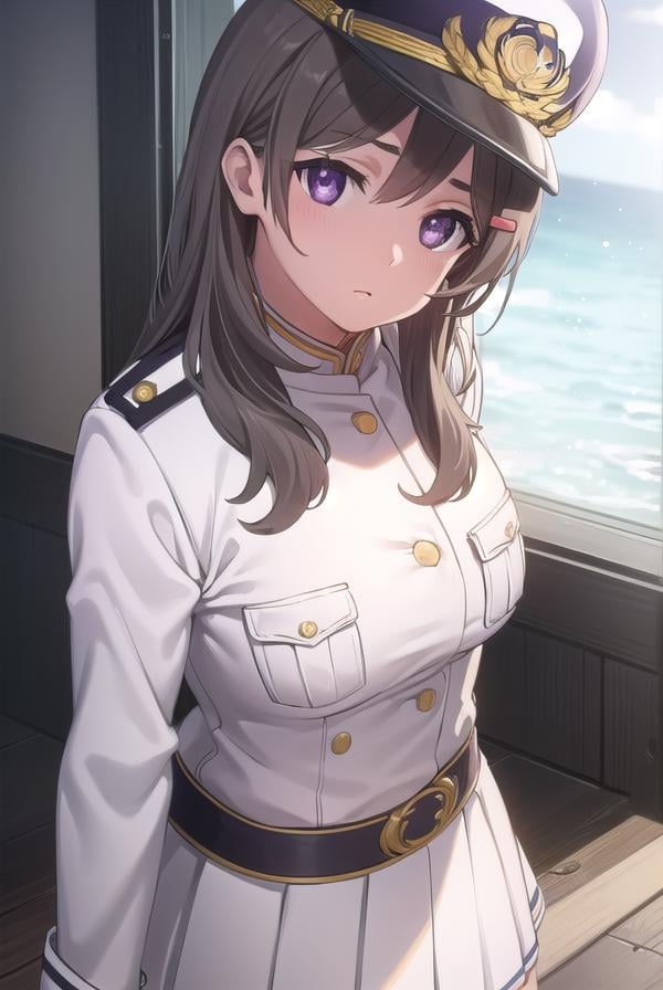 chinamoeka, <lora:china moeka s1-lora-nochekaiser:1>,china moeka, long hair, brown hair, (purple eyes:1.1),BREAK hair ornament, hat, hairclip, uniform, military, military uniform, peaked cap, naval uniform, (white uniform:1.5),BREAK outdoors, ship, navy,BREAK looking at viewer, (cowboy shot:1.5),BREAK <lyco:GoodHands-beta2:1>, (masterpiece:1.2), best quality, high resolution, unity 8k wallpaper, (illustration:0.8), (beautiful detailed eyes:1.6), extremely detailed face, perfect lighting, extremely detailed CG, (perfect hands, perfect anatomy),