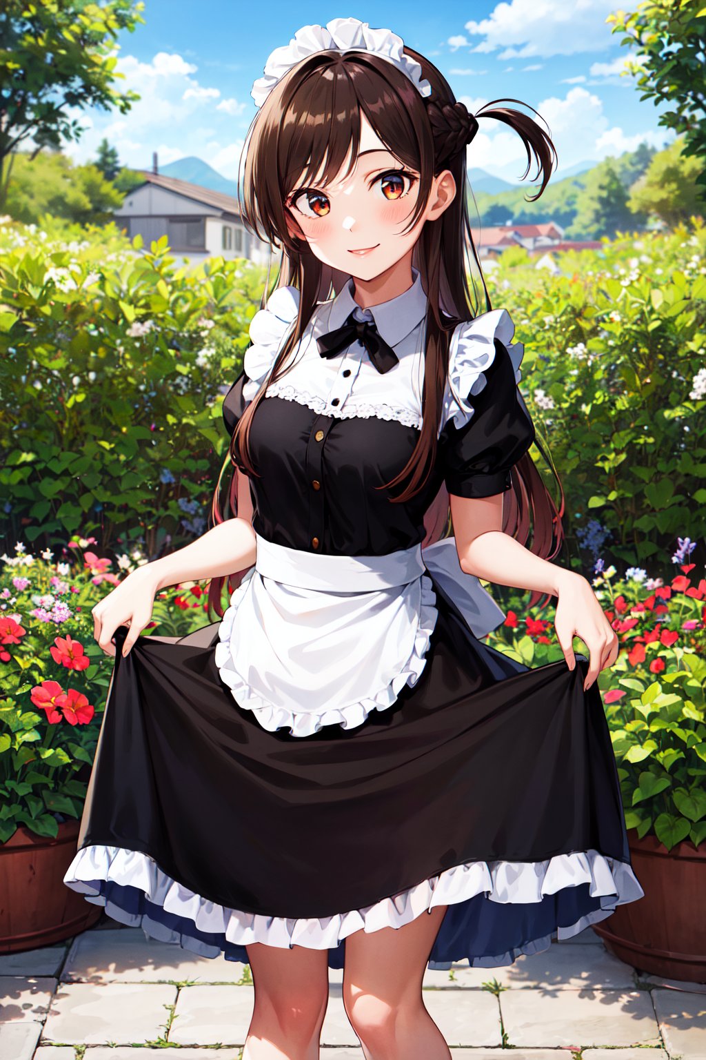 masterpiece, best quality, highres, aachizuru, long hair, one side up,  <lora:mizuhara_chizuru_v2:0.7>, maid, maid headdress, apron, black dress, skirt hold, smile, garden, standing,