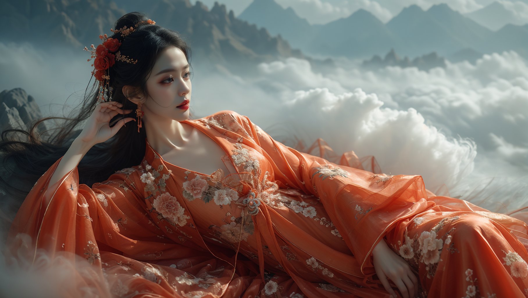 sdmai, wonv, 1girl, solo, hair ornament, long hair, chinese clothes, black hair, jewelry, hair stick, red lips, earrings, cloud, hanfu, dress, flower <lora:SDMAI卧女wonv:0.6>