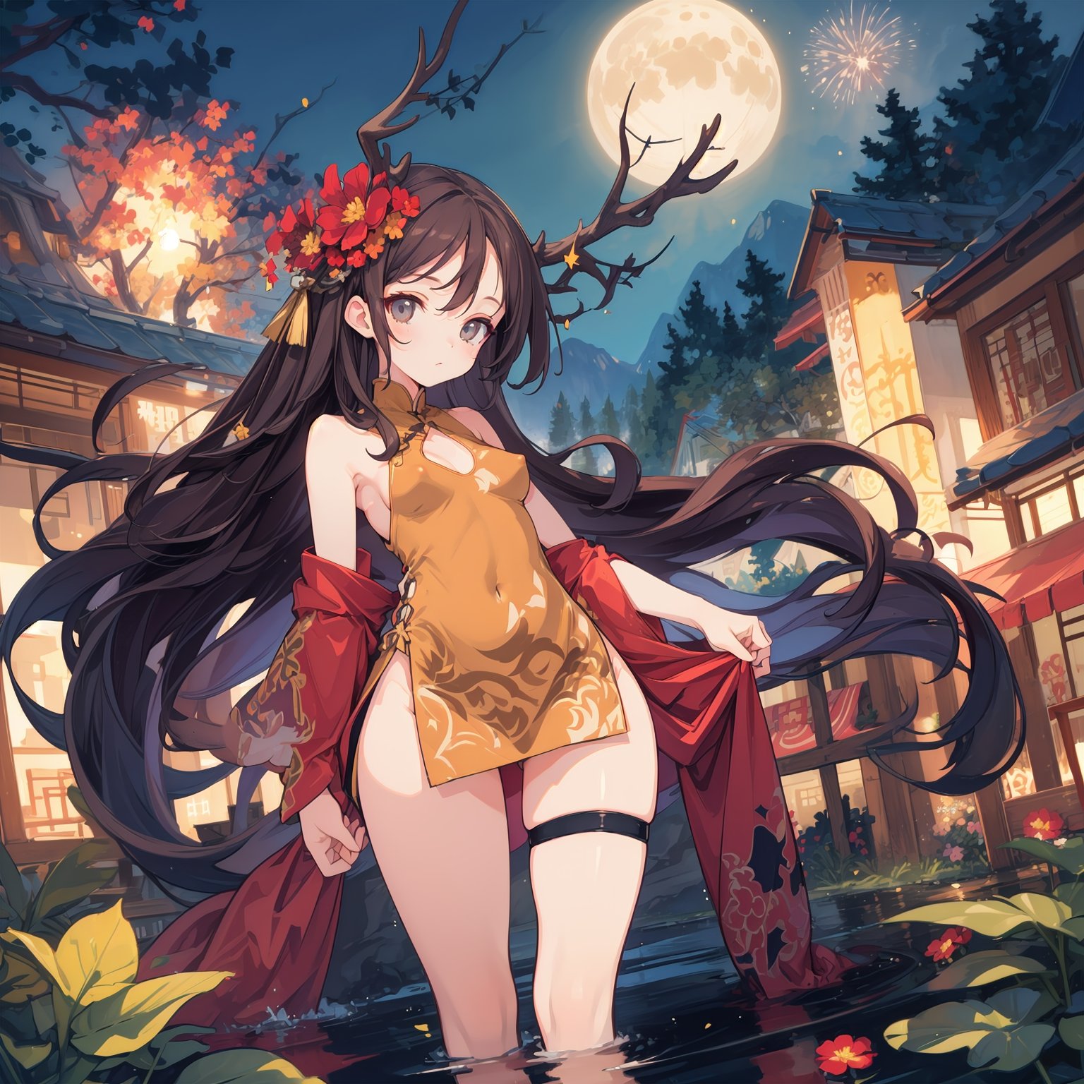 (masterpiece,4k, best quality,slim,thin,skinny), panorama,wide shot, partially submerged, deer ears, deer antlers,summer,lake,mountain,expressionless, brown hair,grey eyes, cowboy shot,very long hair,(floating hair),reflection, (covered nipples), raised eyebrows, night,moon,(hair flower),fireworks, hanabi, big hair,parted bangs, forehead, leaning back, v arms,arms between legs, hands between legs, armpits, china south,china dress, (sideless outfit,sideboob ,(underboob,underboob cutout)), o-ring thigh strap, slim legs,sleeveless,bare arms,hair flip,