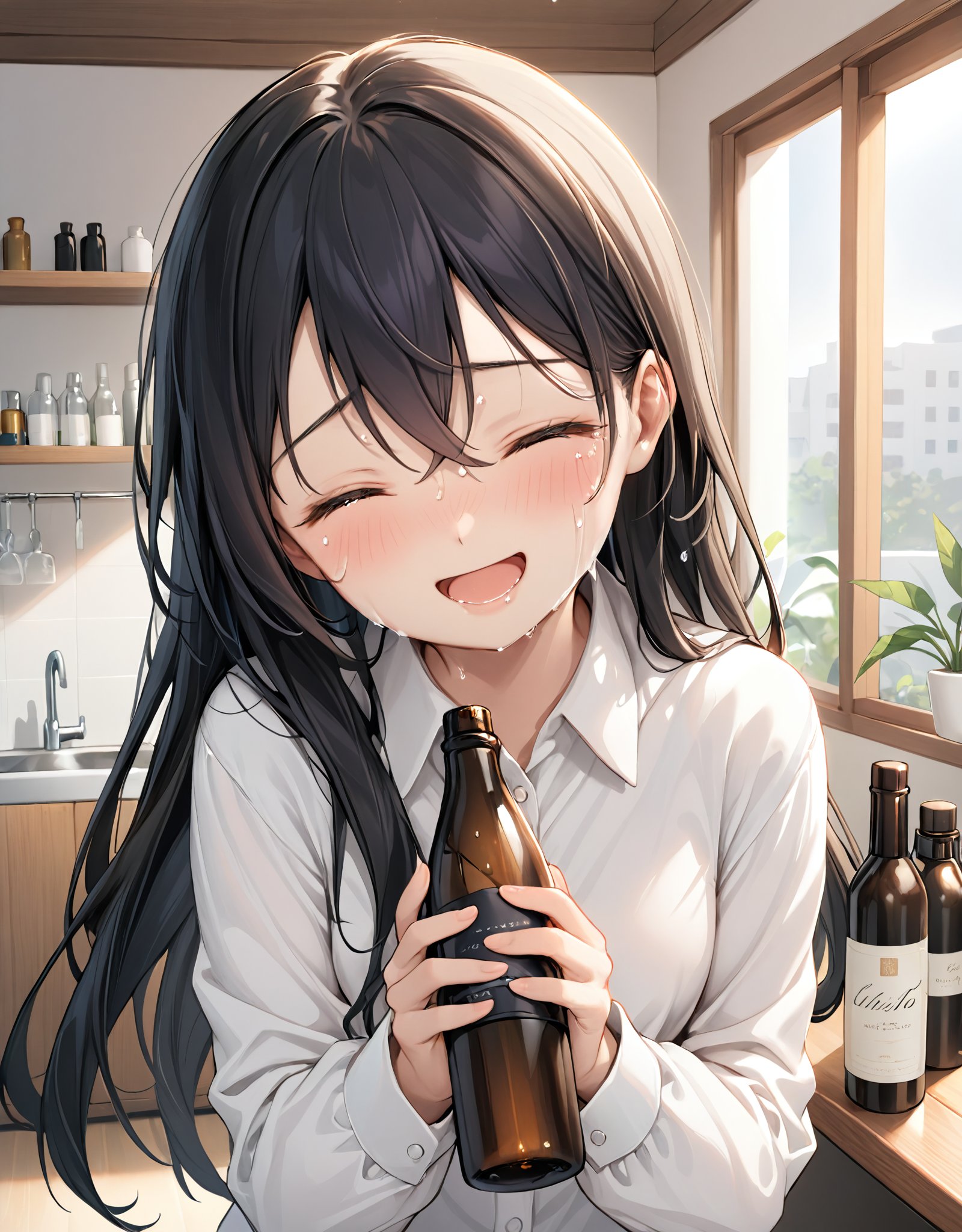 highres,best quality, 1girl, :d, black hair, blush, bottle, closed eyes, collared shirt, crying, crying with eyes open, facing viewer, hair between eyes, holding, holding bottle, indoors, long hair, long sleeves, open mouth, shirt, smile, solo, tears, white shirt