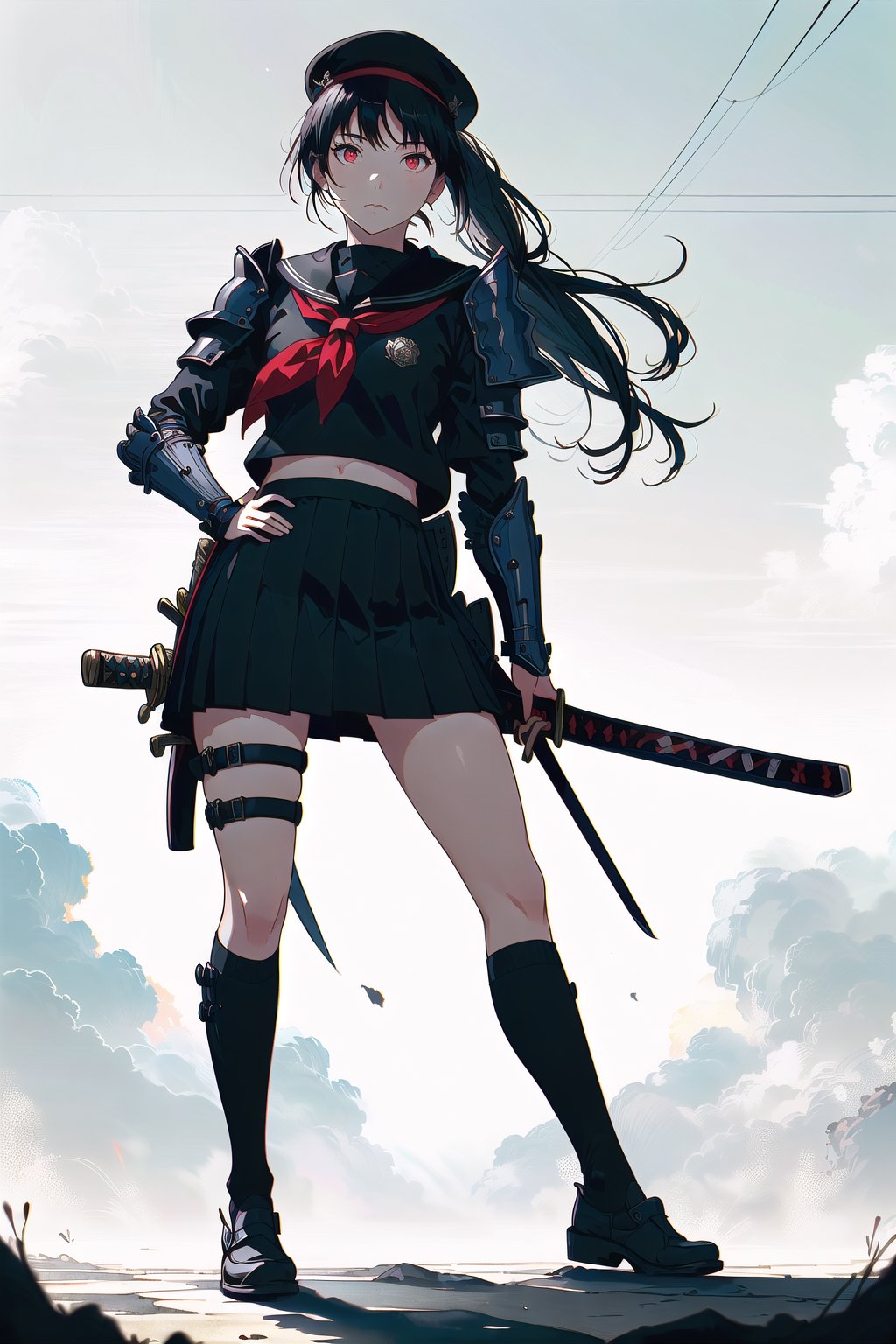 (Masterpiece, Best Quality:1.3), absurdres, (8k resolution), full body, full angle view, illustration, 1girl, solo, long hair, looking at viewer, skirt, shirt, black hair, red eyes, long sleeves, hat, holding, closed mouth, school uniform, ponytail, weapon, cowboy shot, horns, serafuku, sword, black skirt, sailor collar, holding weapon, armor, neckerchief, parted bangs, black shirt, holding sword, katana, shoulder armor, sheath, red neckerchief, black serafuku, sheathed, japanese armor, scabbard, kote. (extremely detailed), ((depth of field)), fantastic composition, (shadow), sky, cloud, (highly detailed), floating particles<lora:EMS-359438-EMS:1.000000>