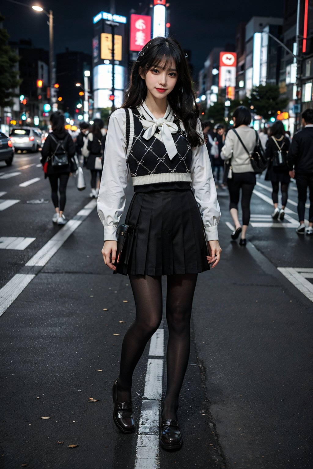 best quality, quality, masterpiece, photorealistic, 1girl, solo, full body, slime girl, dating attire, pantyhose, depth of field, in street, tokyo, night, cityscape, detailed background, <lora:dating_attire_style1_v1:0.75>