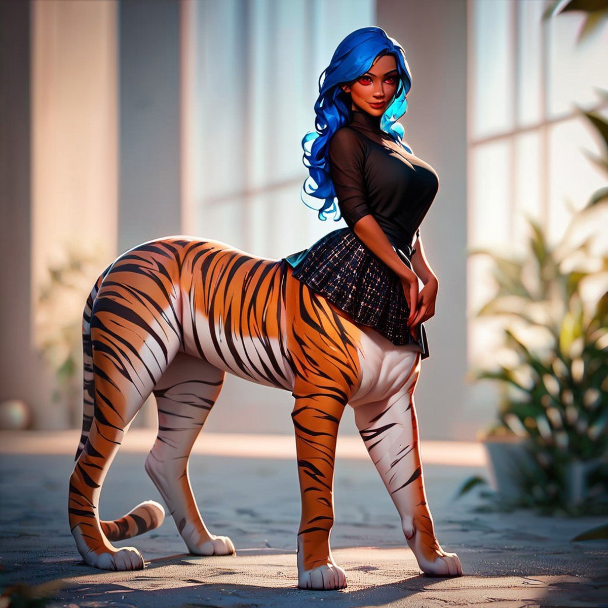 (((beautiful, high quality))), full Body, score_9, score_8_up, score_7_up, Сentaur, Centaur tiger, 1girl, dark skin, red eyes, blue hair, black top, skirt, red tiger,looking at the viewer, posing, blurred background,