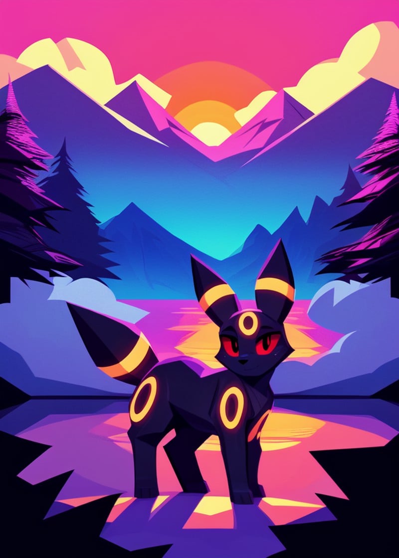 (low poly, by Riendonut, by Combos-N-Doodles, by Oskar Fischinger, by Kiseff),(solo chibi quadruped feral umbreon, red sclera, black dot eyes),(three-quarter view, full-length portrait, three-quarter portrait, looking at viewer),(vaporwave, glowing, forest, sunset, water, cloud, mountain:1.25),(detailed background, depth of field, shadow, ambient silhouette, backlighting)