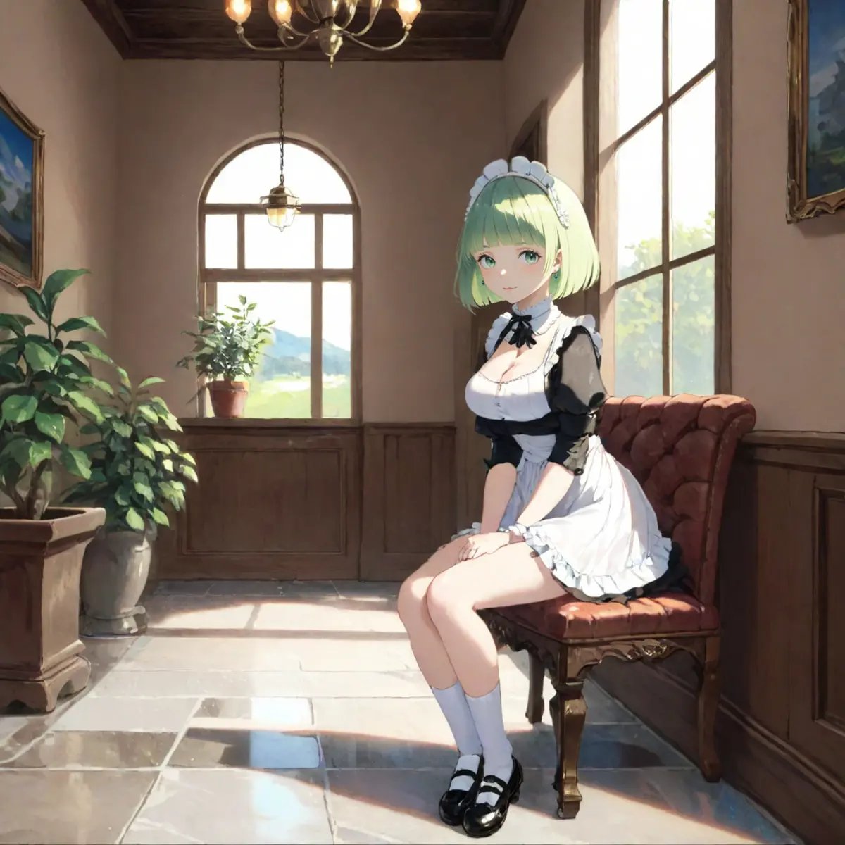 (raytracing, HDR, Victorian:1.4)BREAK maid outfit, short skirt with lace hemline, Mary Janes, ruffled socks, marble floor, potted plants, chandeliers, window, door, gold furnitureBREAK light green hair, green eyes, bob cut with blunt bangsBREAK (from side, seated, full body:1.2) <lora:STFD_V2:1>