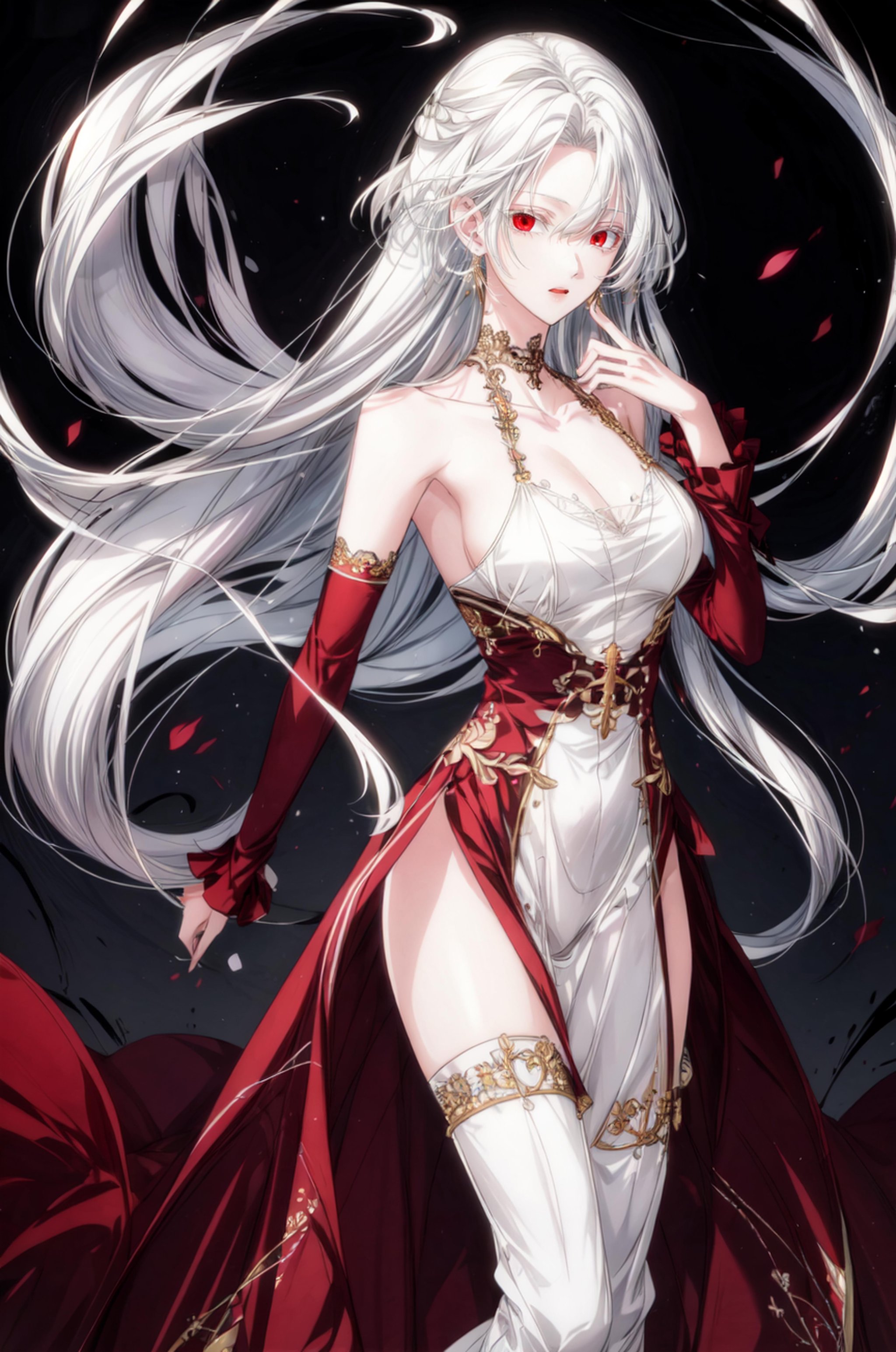 dynamic pose, masterpiece, (best quality), 1girl , white hair, Raviel, red eyes, <lora:RavielIvansia:0.7>, <lora:add_detail:1>