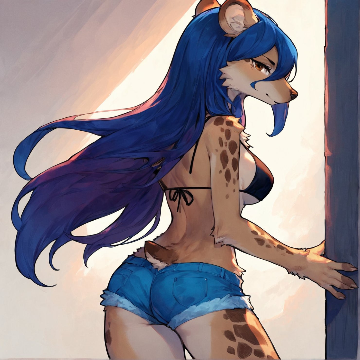 score_9, score_8_up, score_7_up, score_6_up, source_furry, rating_safe,furry, tall, (kemono:0.9), female,BREAKthin eyebrows,brown eyes,long hair, detailed hair, translucent hair, gradient hair,detailed fur, detailed fur texture,medium breasts,black bikini top, hotpants,confident, looking at viewer,BREAKbrothel, lobby, indoor, hotel,elza,<lora:elza4-000015:0.8:lbw=0,1,1,1,1,1,1,1,1,0,0,0>