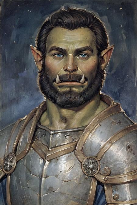 score_9, score_8_up, score_7_up, rating_safe, gothic art, oil painting, traditional media, realistic, 1boy, solo, male focus, mature male, orc, green skin, tusks, blue eyes, short hair, black hair, facial hair, beard, mustache, looking at viewer, armor, shoulder armor, breastplate, pauldrons, upper body, closed mouth, standing, outdoors, night, night sky, dark background <lora:Gothic Art 2 Style SDXL_LoRA_Pony Diffusion V6 XL:0.7>