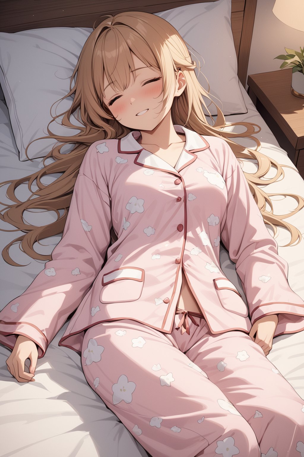 1girl, solo, angelic smile, pajamas, on bed, sleeping, closed eyes, masterpiece, best quality,