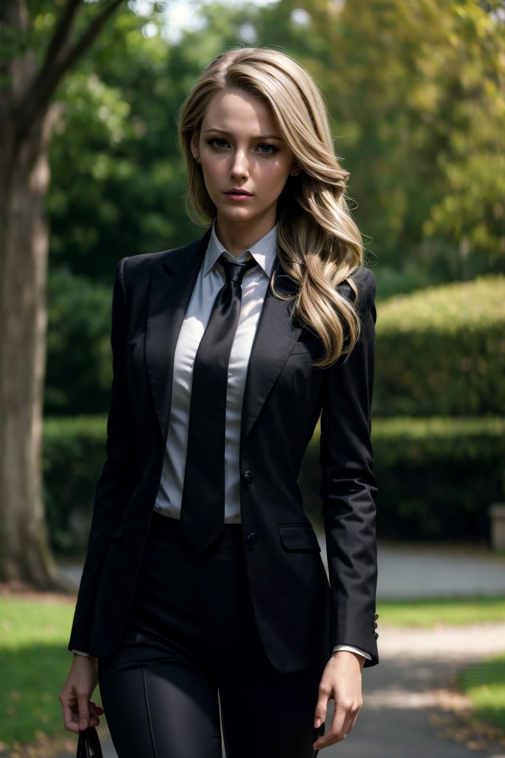 (extremely detailed, realistic, perfect lighting, vibrant colors, intricate details, absurdres), (masterpiece, high detailed skin:1.3), 1girl, solo, thin body, perfect mouth, light blonde hair, layered hair, (upper body view 1:1), {slender legs, tall body, soft curves, a woman in a black suit and tie elegant long black pants, standing in a park,, fashion model, unforgettable beauty, looking longingly in love, lifelike rendering, }, { seducing, }<lora:EMS-369982-EMS:0.600000>, <lora:EMS-84964-EMS:0.200000>, <lora:EMS-179-EMS:0.300000>