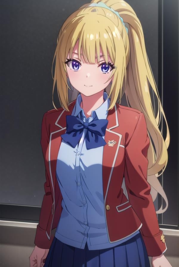 keikaruizawa, <lora:kei karuizawa s2-lora-nochekaiser:1>, kei karuizawa, long hair, bangs, blunt bangs, (purple eyes:1.1), blonde hair, shirt, hair ornament, ponytail, scrunchie, blue scrunchie, smile,BREAK skirt, shirt, bow, school uniform, jacket, (red jacket:1.2), pleated skirt, bowtie, sweater, (blue bow:1.2), (blue shirt:1.2),BREAK indoors, classroom,BREAK looking at viewer, (cowboy shot:1.5),BREAK <lyco:GoodHands-beta2:1>, (masterpiece:1.2), best quality, high resolution, unity 8k wallpaper, (illustration:0.8), (beautiful detailed eyes:1.6), extremely detailed face, perfect lighting, extremely detailed CG, (perfect hands, perfect anatomy),