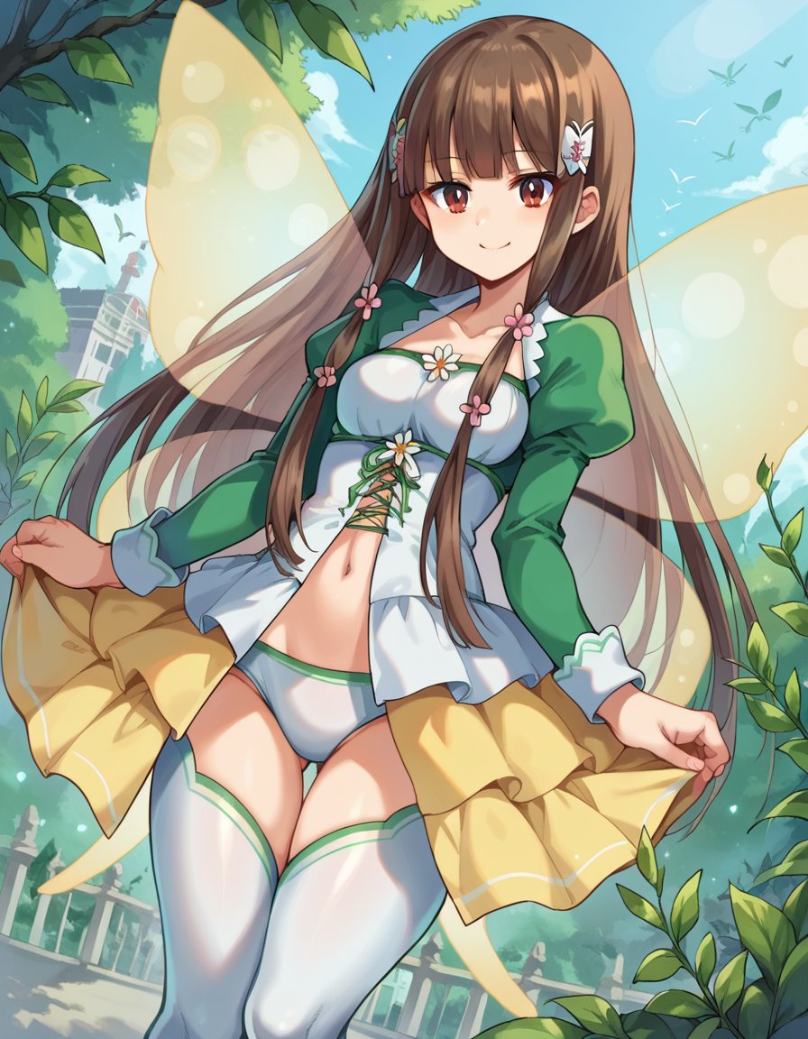 score_9, score_8_up, score_7_up, source_anime,koborii, <lora:koborii-ponyxl-lora-nochekaiser:1>koborii, brown eyes, brown hair, long hair, hair flower, hair ornament, sidelocks,fairy wings, juliet sleeves, long sleeves, navel, puffy sleeves, thighhighs, white thighhighs, wings,outdoors, amusement park, smile,looking at viewer, dutch angle, cowboy shot