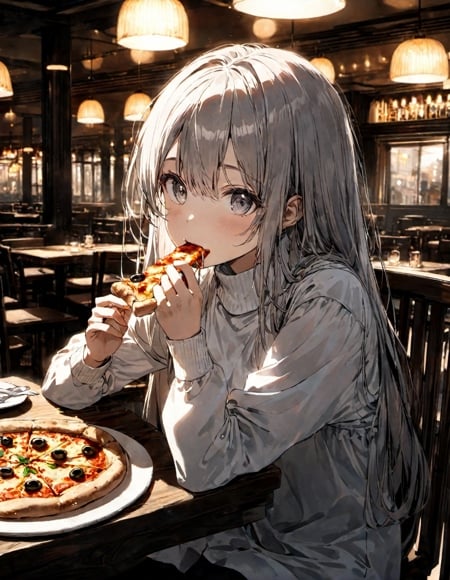 anime,1girl,white long hair,gray eyes, white shirt, long sleeves, turtleneck, sitting, looking at viewer, eating, pizza, plate, fork, knife, table, chair, table, restaurant, cinematic angle, cinematic lighting, masterpiece, best quality