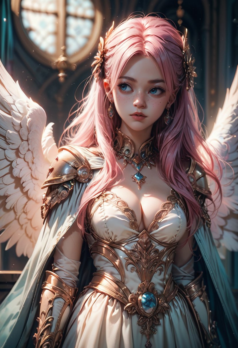 score_9,score_8_up,score_7_up, zPDXL, 1girl, solo, long hair, breasts, blush, bangs, blue eyes, hair ornament, dress, cleavage, jewelry, medium breasts, upper body, pink hair, earrings, parted lips, wings, indoors, necklace, cape, armor, blurry, lips, parted bangs, eyelashes, tattoo, blurry background, looking away, gem, feathered wings, light particles, freckles, angel wings, realistic, nose, white wings, blue gemstone<lora:fiasco_A1:0.8>