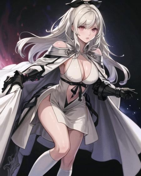 <lora:zero_loar:0.7:OUTALL>white hair,pink eyes,black bow,zero,kneehighs, socks,    navel, cleavage,  cape,  gauntlets, dress, white soc, masterpiece,best quality,highly detailed,Amazing,finely detail,extremely detailed CG unity 8k wallpaper,score:>=60