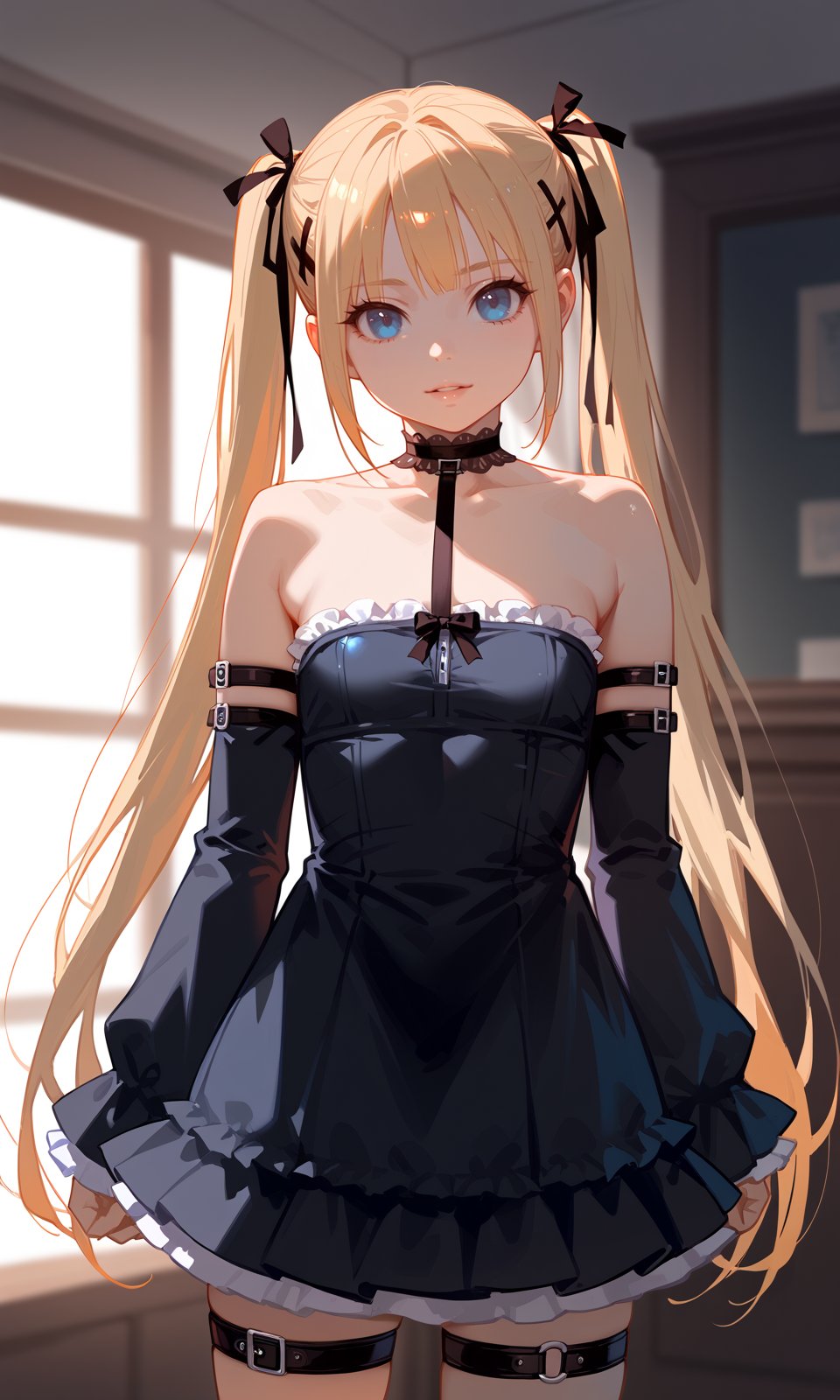 score_9, score_8_up, score_7_up, score_6_up, BREAK1girl, marierose, bangs, bare shoulders, big breasts, black choker, black dress, black ribbon, blonde hair, blue eyes, choker, collarbone, detached sleeves, dress, frills, hair ribbon, indoors, long hair, long sleeves, looking at viewer, solo, standing, thigh strap, twintails, very long hair, upper body, <lora:MarieRose_Pony:1> 