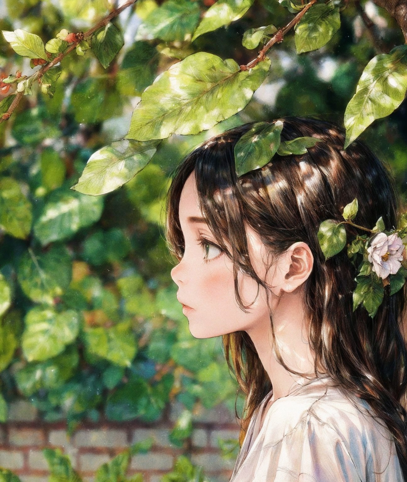 masterpiece,best quality,realistic,highres,Highly detailed,blurry background,<lora:add_more_details:0.5>,1girl,solo,black hair,sitting,leaf,long hair,profile,closedeyes,flower,