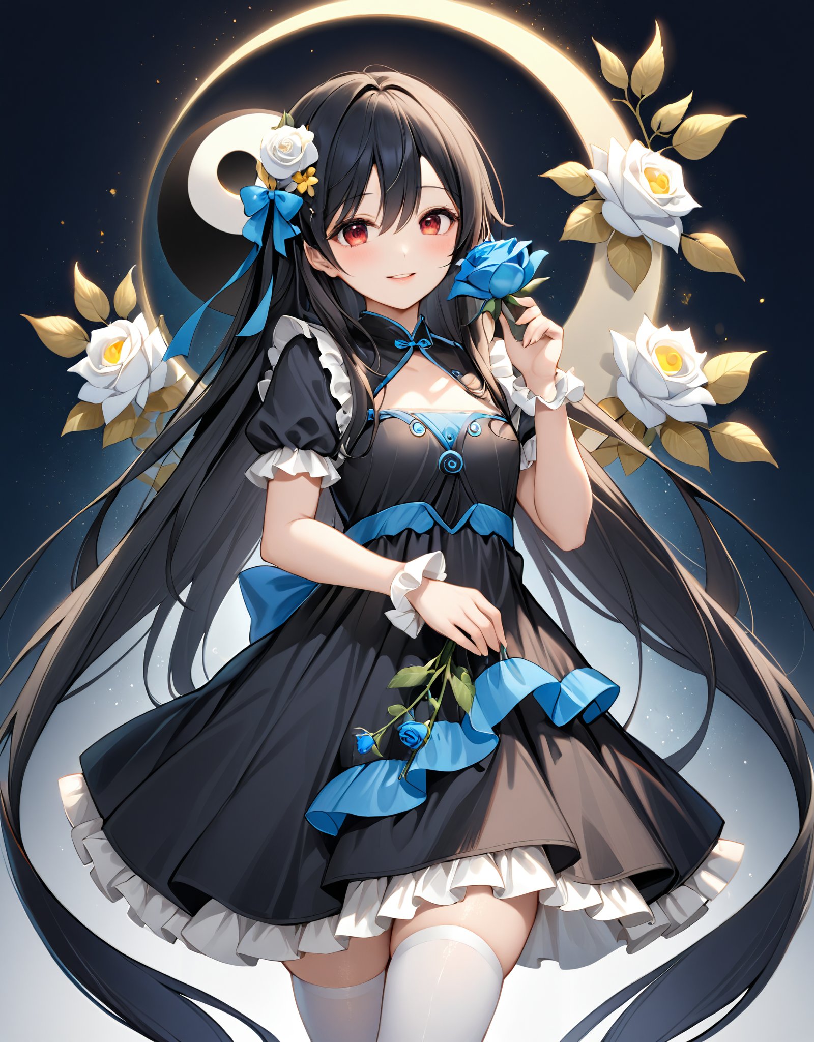 highres,best quality, 1girl, :d, arm up, black dress, black hair, blue bow, blue flower, blue rose, blush, bow, dress, flower, frilled dress, frilled sleeves, frills, hair bow, hair between eyes, hair flower, hair ornament, holding, holding flower, long hair, looking at viewer, parted lips, red eyes, rose, short sleeves, smile, solo, thighhighs, very long hair, white flower, white thighhighs, yellow flower, yin yang orb