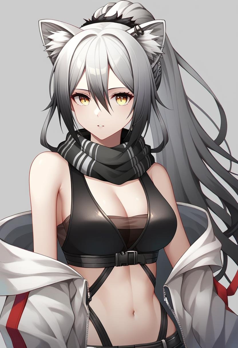 score_9,score_8_up,score_7_up,<lora:earknights_all:1>,1girl, schwarz_\(arknights\), solo, upper_body, grey_hair, long_hair, medium_breasts, cleavage, sleeveless, chromatic_aberration, animal_ear_fluff, bare_shoulders, black_scarf, cat_ears, commentary_request, crop_top, grey_background, hair_between_eyes, looking_at_viewer, off_shoulder, parted_lips, revision, yellow_eyes