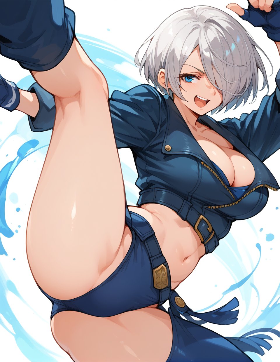 1girl,solo,<lora:angel(kof)_pony:1>,annhel(kof),silver hair,blue eyes,hair over one eye,jacket,cropped jacket,cleavage,chaps,underwear,gloves,kicking,high kick,, score_9,score_8_up,score_7_up,score_6_up,score_5_up,score_4_up,