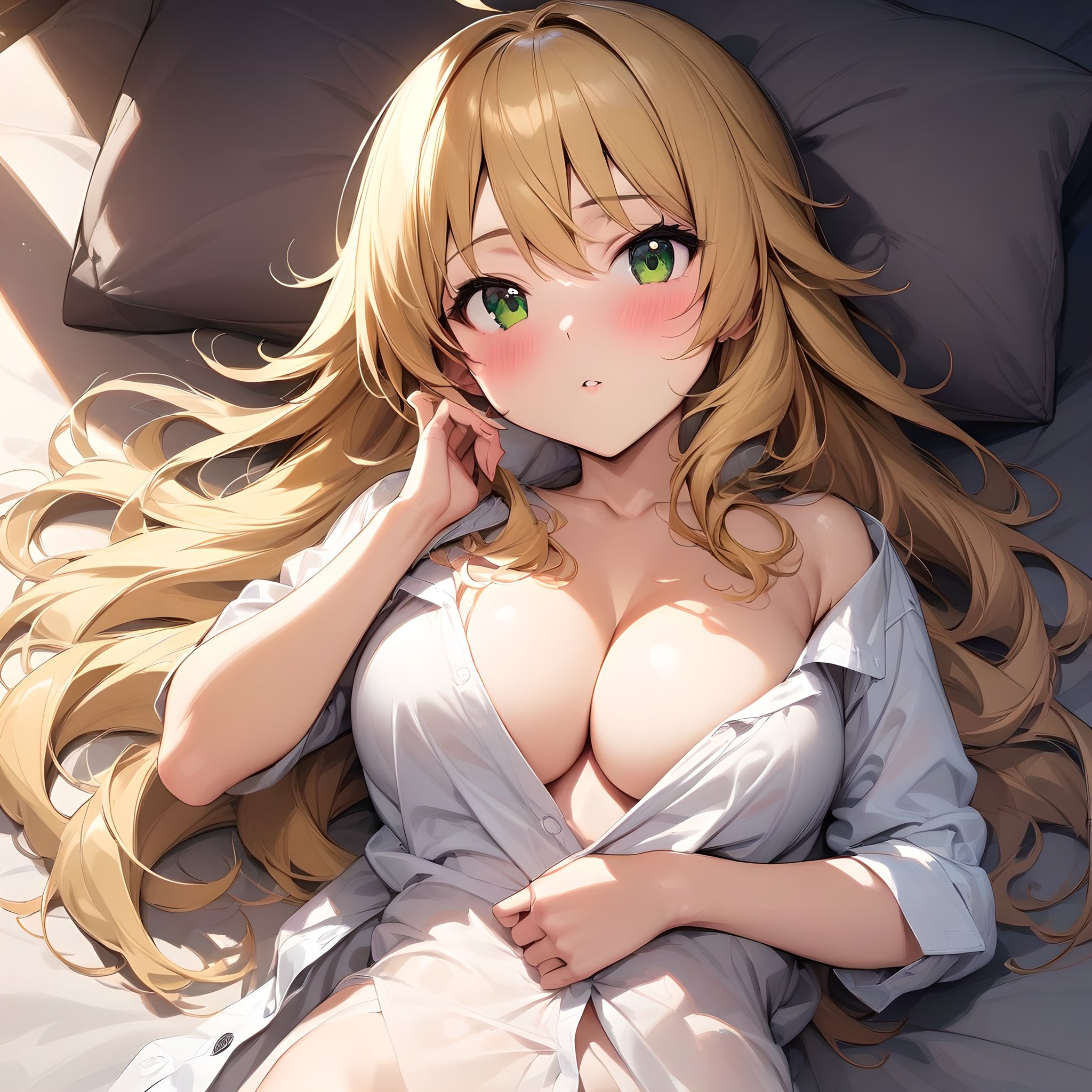 (masterpiece),(best quality),(ultra-detailed),(best illustration),(best shadow),(absurdres),(detailed background),(very aesthetic), hoshii_miki, hoshii_miki, 1girl, breasts, blonde hair, long hair, solo, cleavage, green eyes, blush, lying, looking at viewer, ahoge, shirt, white shirt, pillow, medium breasts<lora:Hoshii_Miki:1>