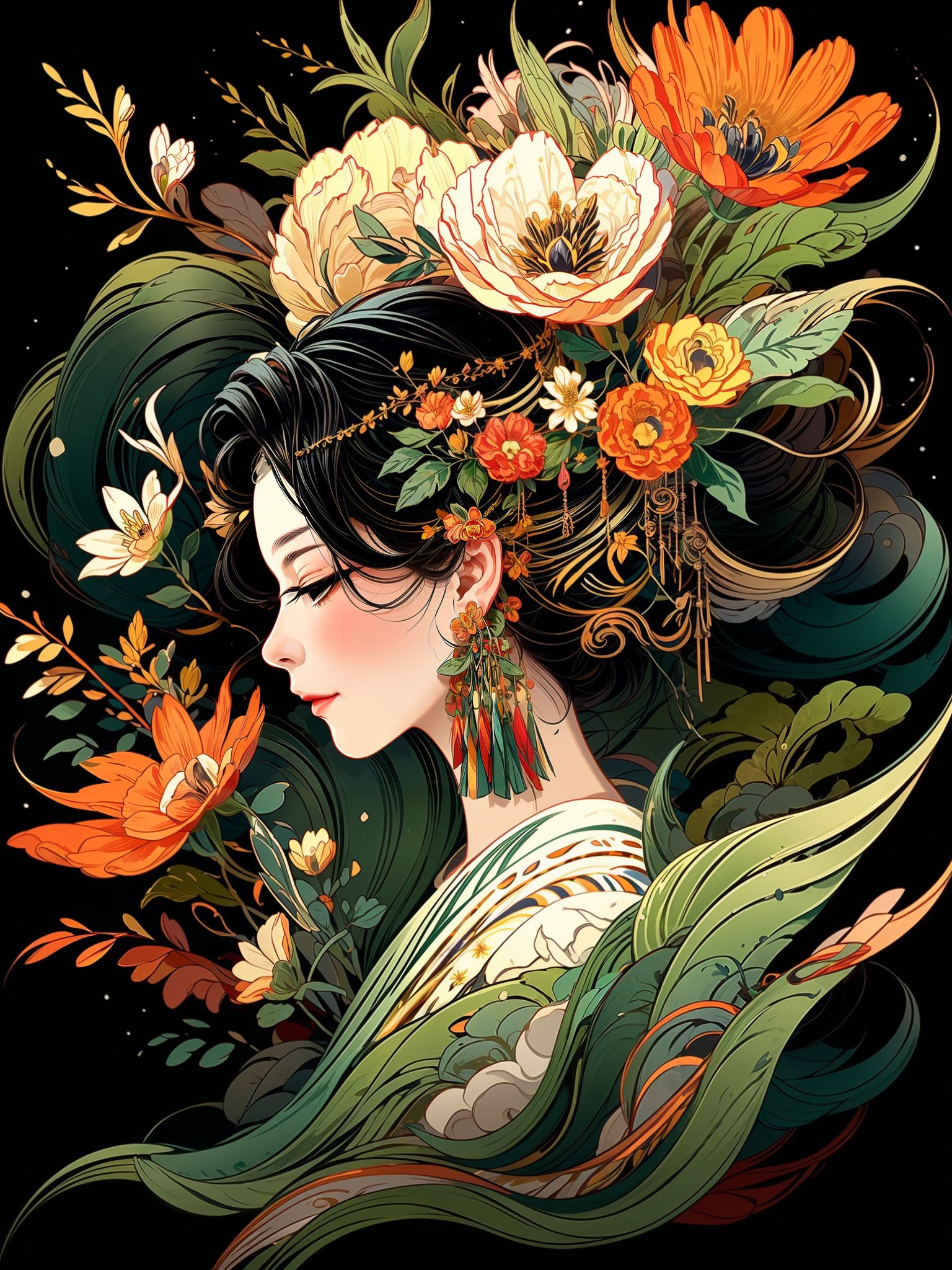 HTTP2, 1girl, closed eyes, flower, solo, black background, long hair, simple background, earrings, jewelry, black hair, white flower, green hair, pink flower, upper body, facial mark, leaf, profile, hair ornament<lora:HTTP_20231214132158:1> <lora:more_details:0.6>