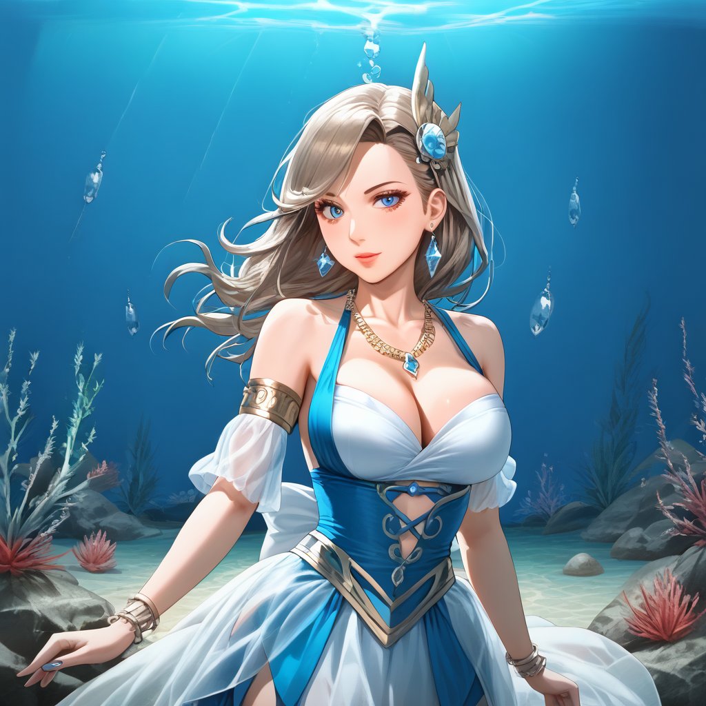 (,1girl, ,best quality, ),,masterpiece, ((((, solo, , ,solo focus, ,underwater, )))) ,ultra realistic 8k cg, clean, masterpiece, cinematic lighting, cinematic bloom, (( , )),, , unreal, science fiction, luxury, jewelry, diamond, gold, pearl, gem, sapphire, ruby, emerald, intricate detail, delicate pattern, charming, alluring, seductive, erotic, enchanting, hair ornament, necklace, earrings, bracelet, armlet,,(cleavage),