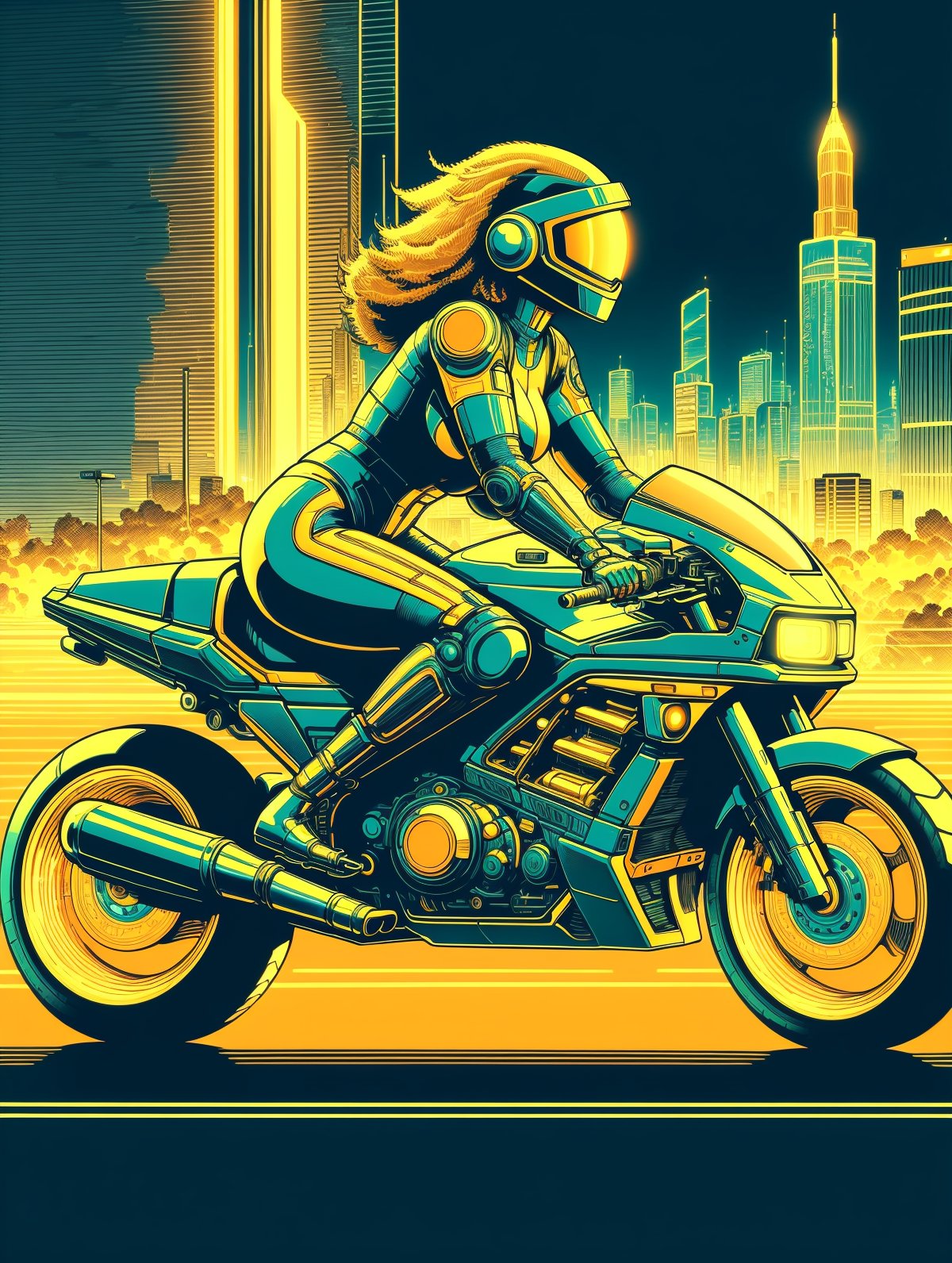 mad-cyberspace, woman driving a motor bike, orange glowing outlines, light trail, dynamic pose, grid, motion blur, cyberpunk, 1980s, retro, scifi, city <lora:Neon_Cyberpunk_Cyberspace_SD1.5:0.8>, (masterpiece:1.2), best quality, (hyperdetailed, highest detailed:1.2), high resolution textures 