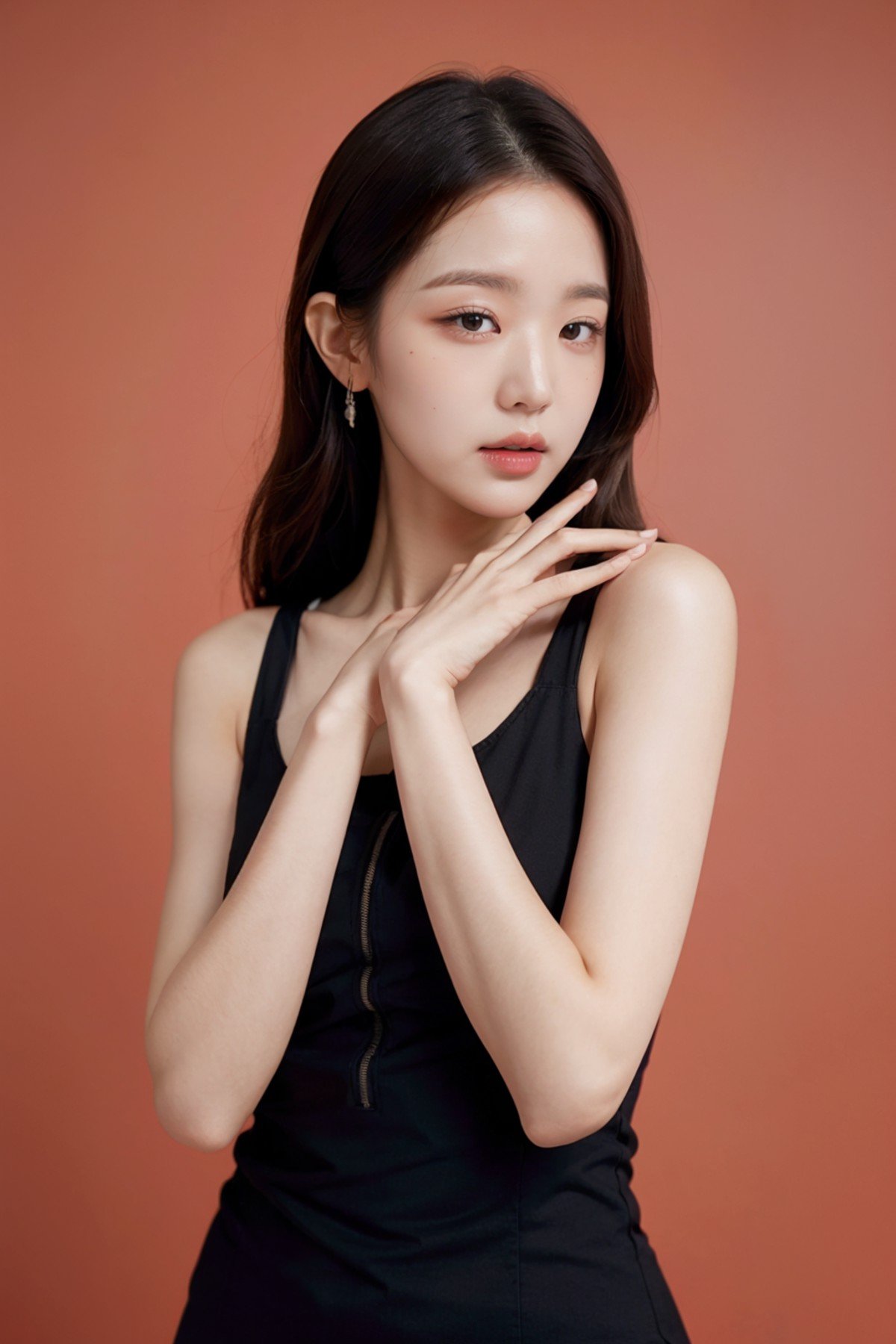 nikon RAW photo,8 k,Fujifilm XT3,masterpiece,best quality,1girl,solo,realistic,photorealistic,ultra detailed,looking to the viewer,upper body,standing,(black dress:1.2),simple background,red background,(closeup),<lora:wonyoung-v2-01:0.7>,wonyoung,