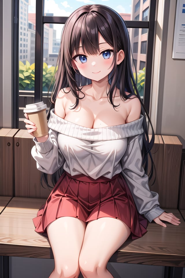 insanely detailed, absurdres, ultra-highres, ultra-detailed, best quality,1girl, solo, nice hands, perfect hands,BREAKwearing sweater, off shoulder sweater, one piece sweater, sweater with long sleeves, bare shoulder, collarbone, red skirtBREAKhappy smile, laugh, closed mouth,sitting, holding coffee cup,from below, cowboy shot, looking at viewerBREAKslender, kawaii, perfect symmetrical face, ultra cute girl, ultra cute face, ultra detailed eyes, ultra detailed hair, ultra cute, ultra beautiful,BREAKindoors, in coffee shopBREAKlarge breasts, black hair, long hair, black eyes